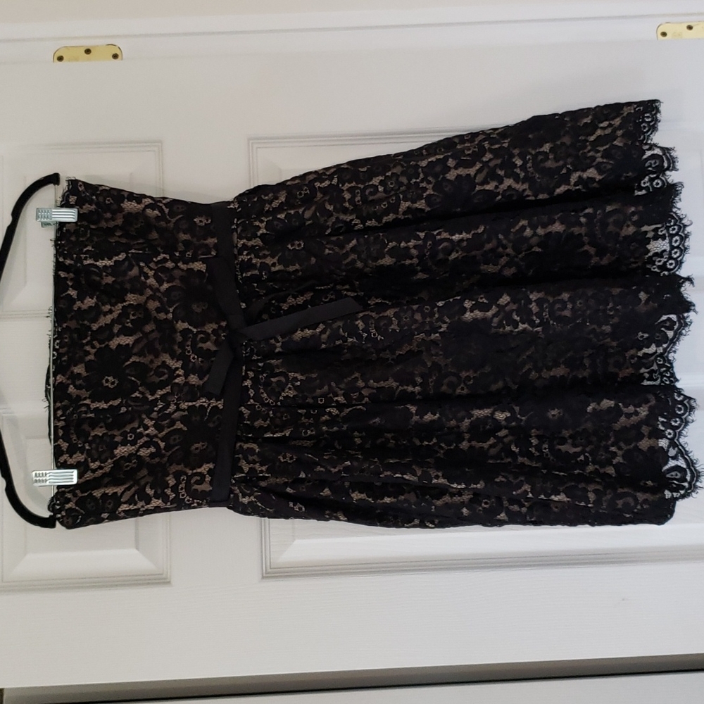Strapless black lace cocktail dress